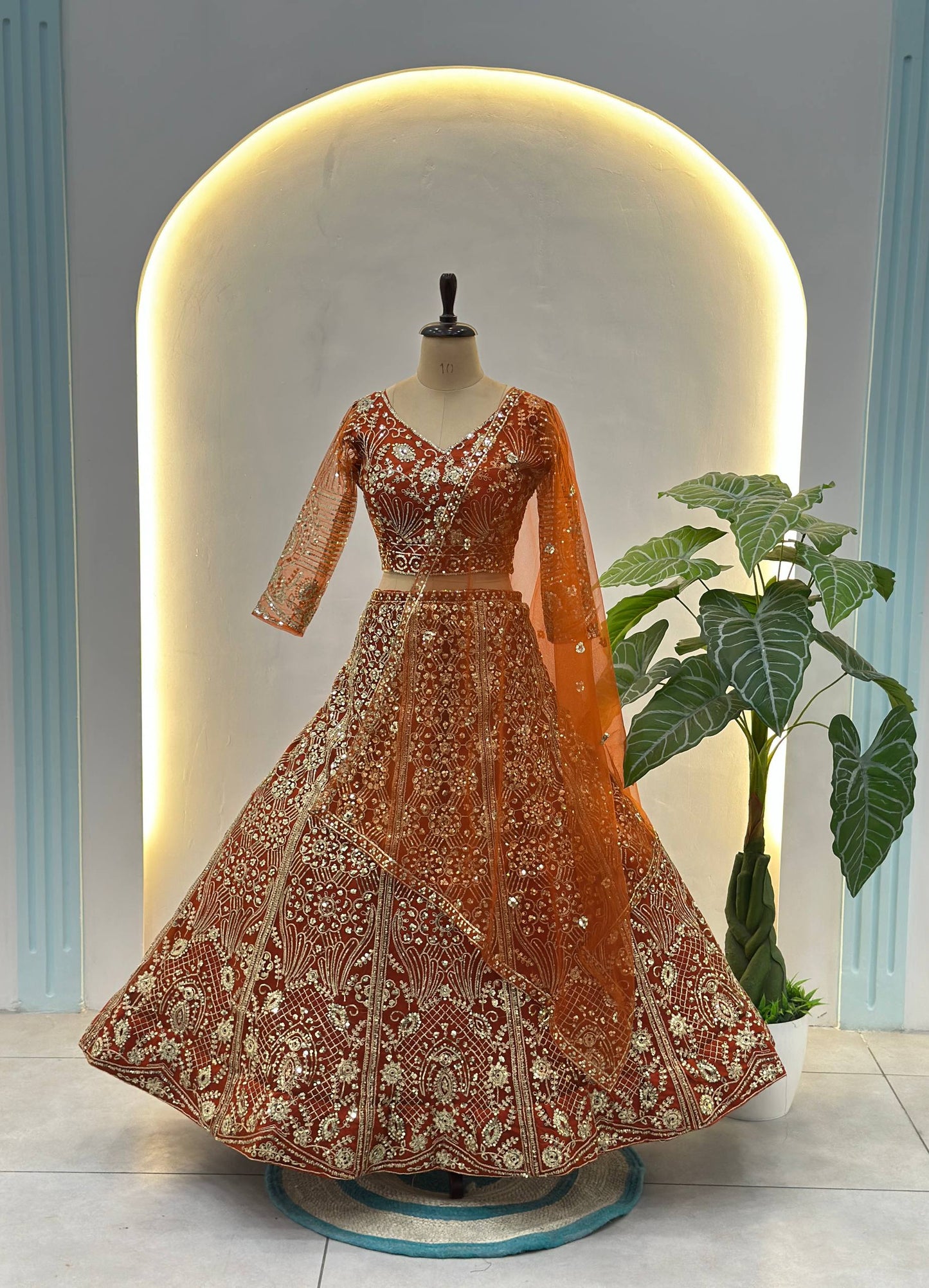 Butterfly Net Sequins and Codding Embroidery Work Lehenga