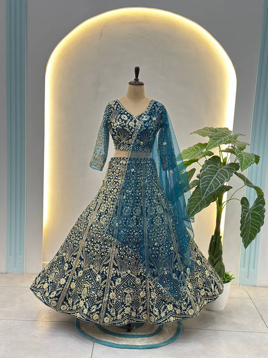 Butterfly Net Sequins and Codding Embroidery Work Lehenga