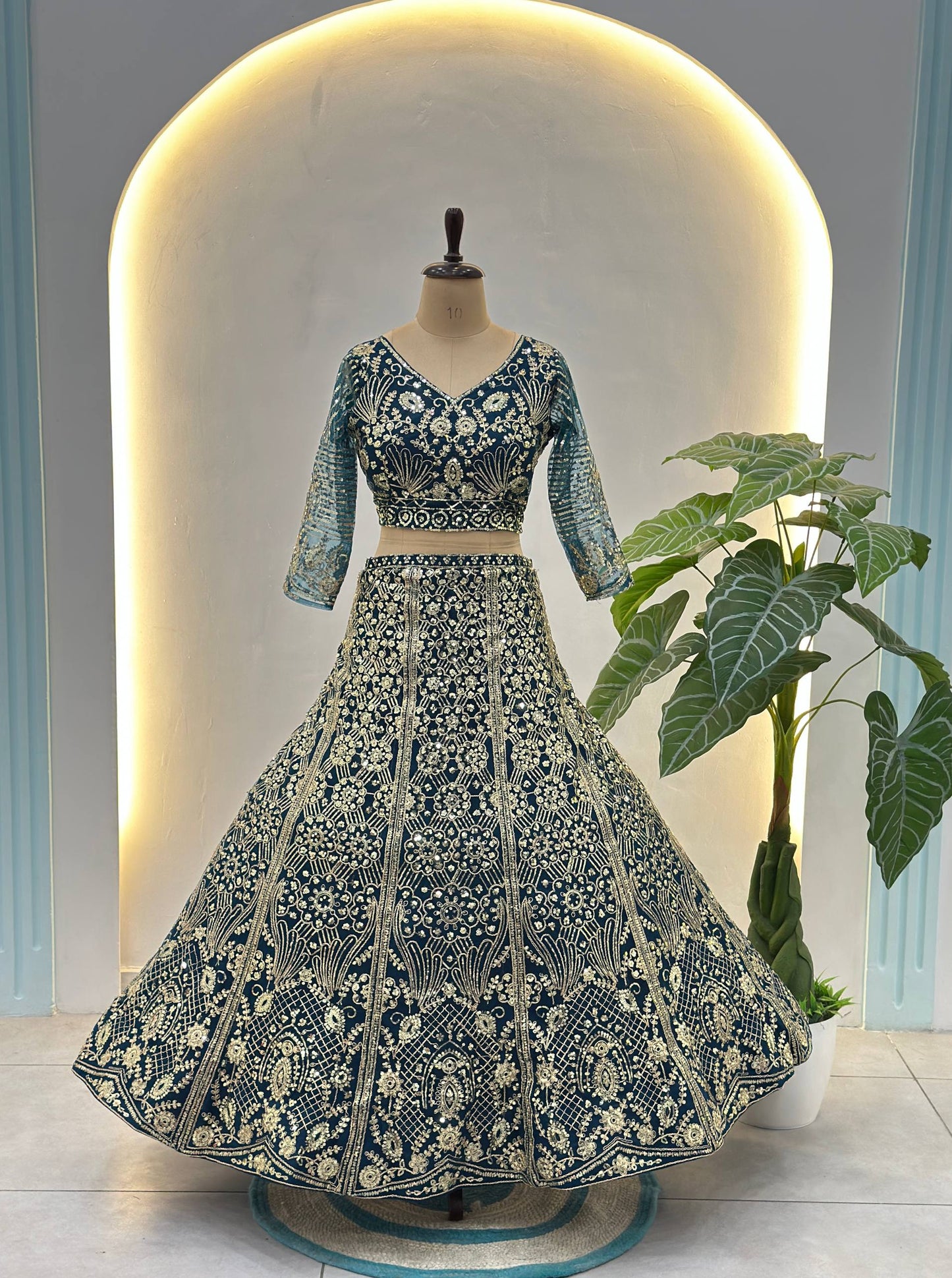 Butterfly Net Sequins and Codding Embroidery Work Lehenga
