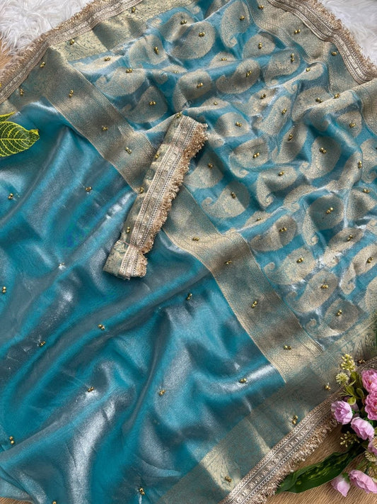 Pure Soft Banarasi Sartin Silk Weaving Saree With Gungroo in All over Saree