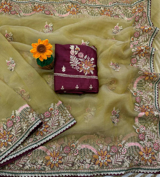 Premium soft zippy silk with c pallu multi thread and zari embroidery saree