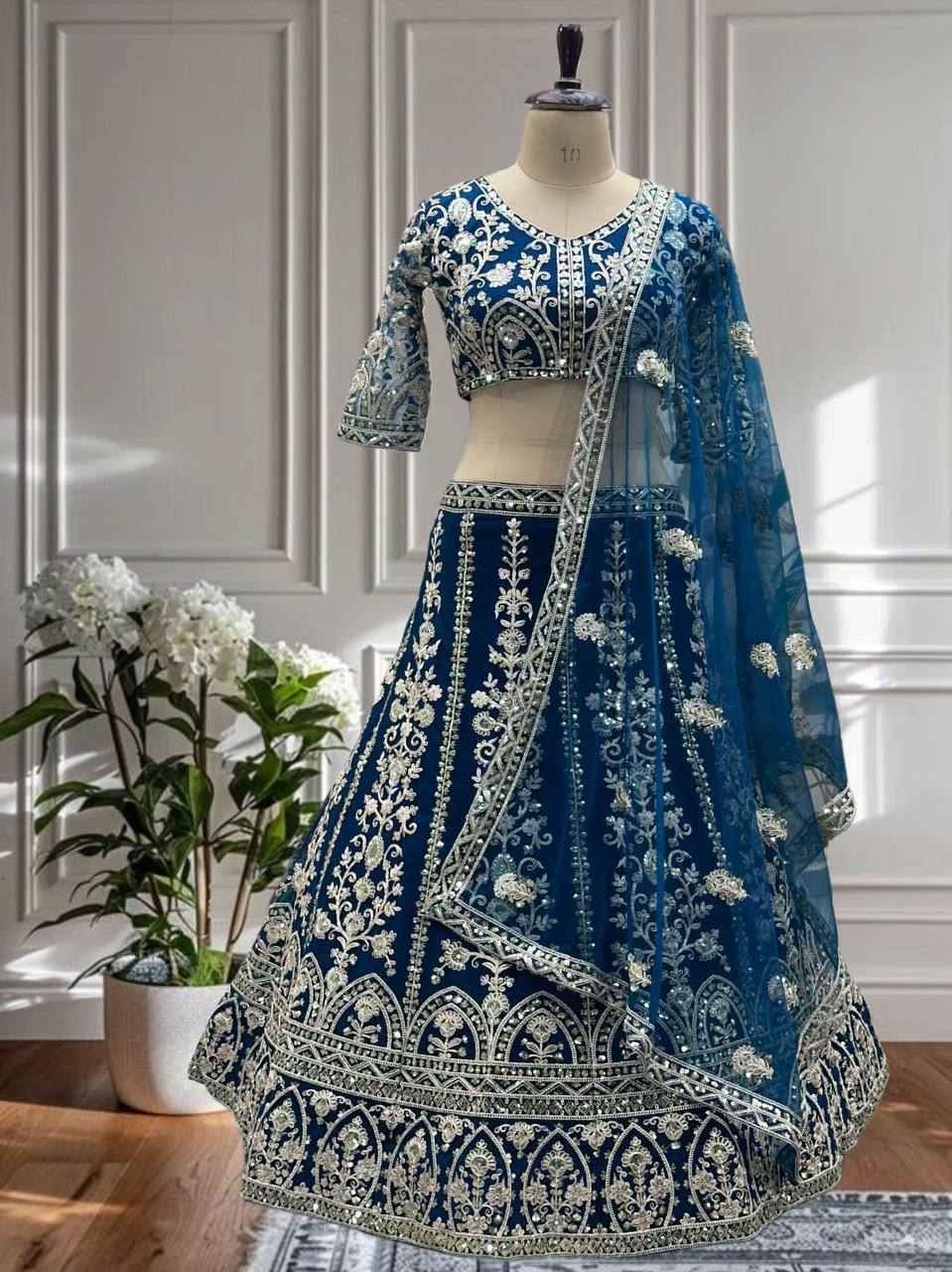 Butterfly Net Sequins and Codding Embroidery Work Lehenga