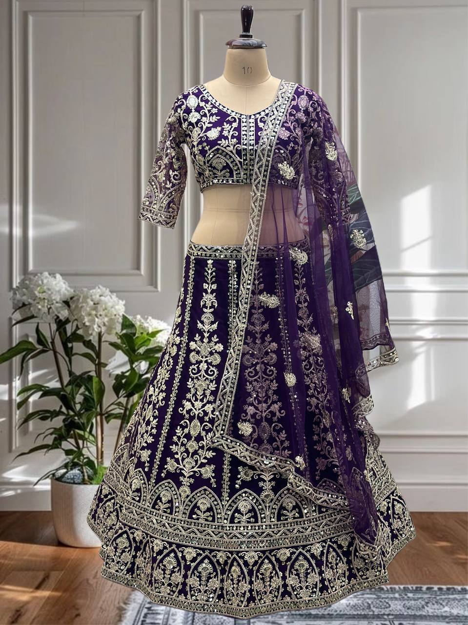 Butterfly Net Sequins and Codding Embroidery Work Lehenga