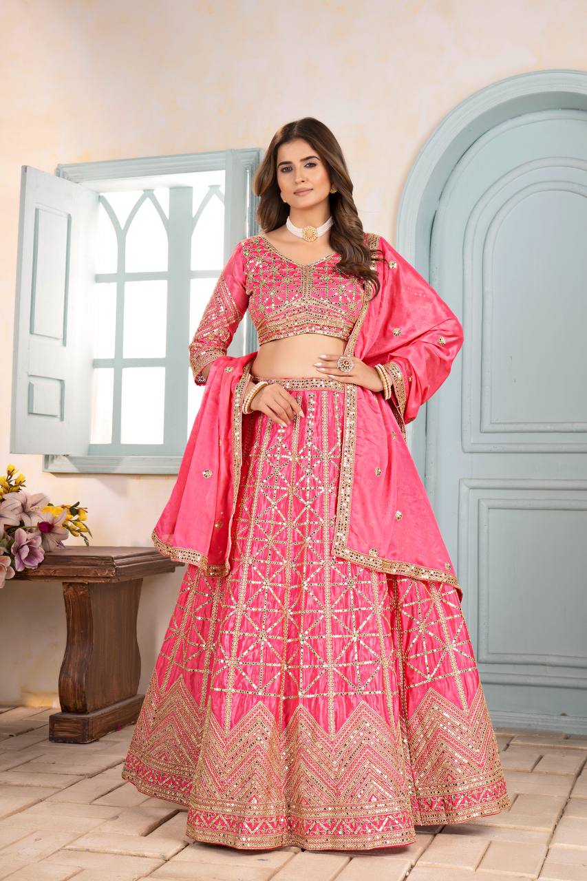 Chinon Sequins and Codding Embroidery Work Lehenga