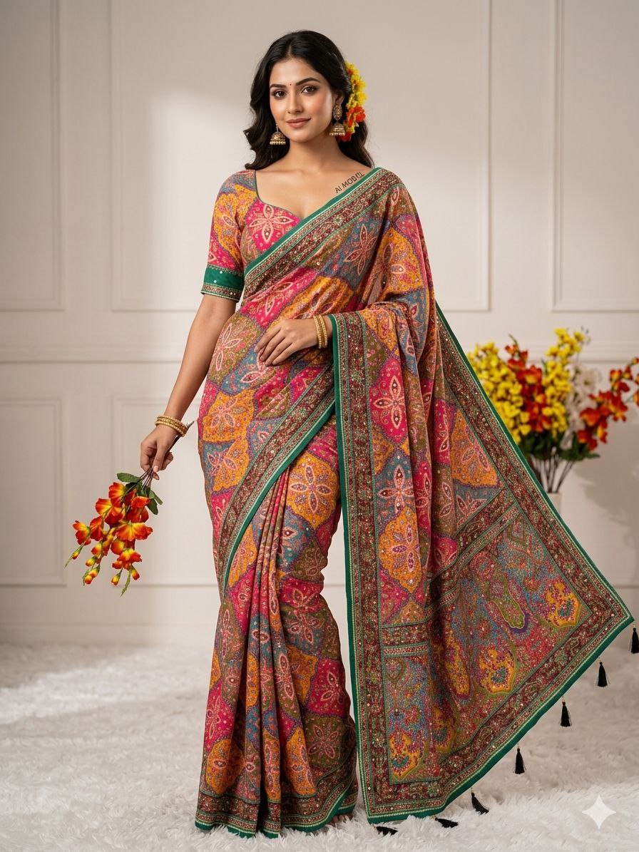 Presenting You Most Beautiful Latest Real Mirror Work Saree