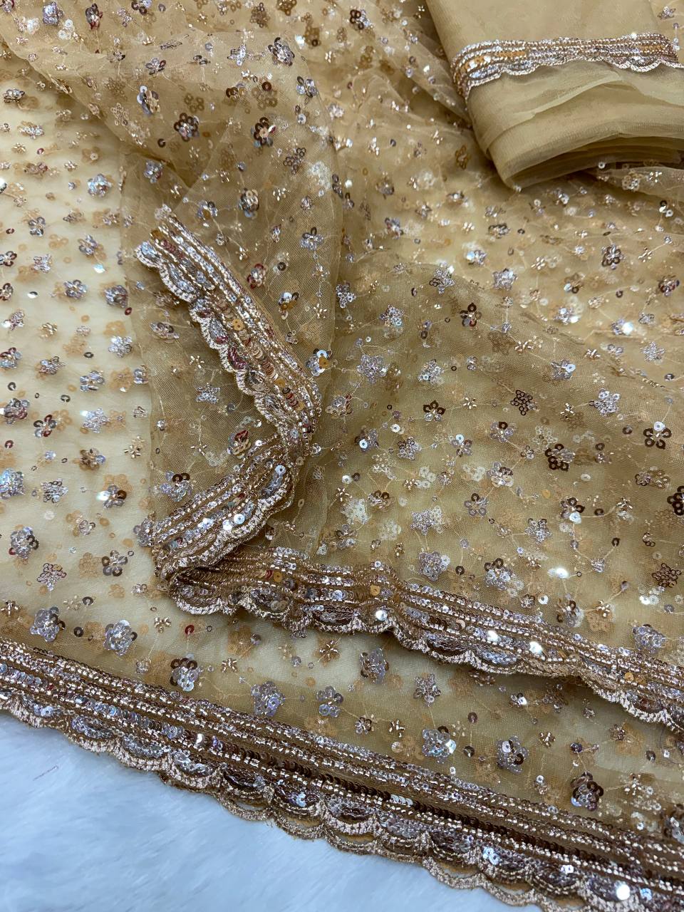 Soft net Beautiful sequins and Beads Embroidery Work Saree