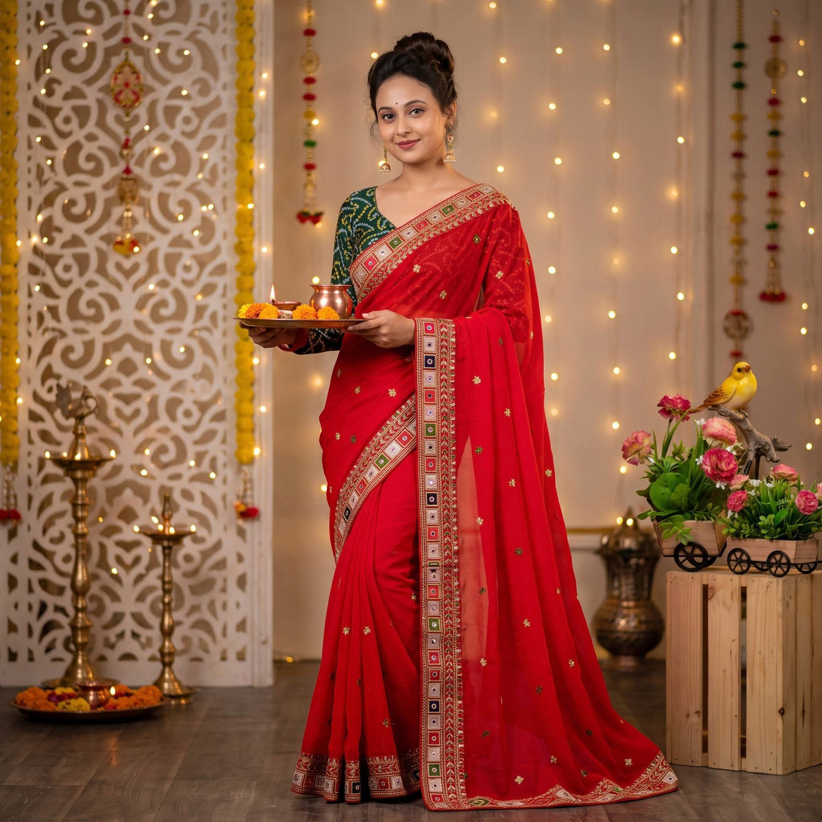 Fox Goegetts Embroidery Thread with mirror work saree