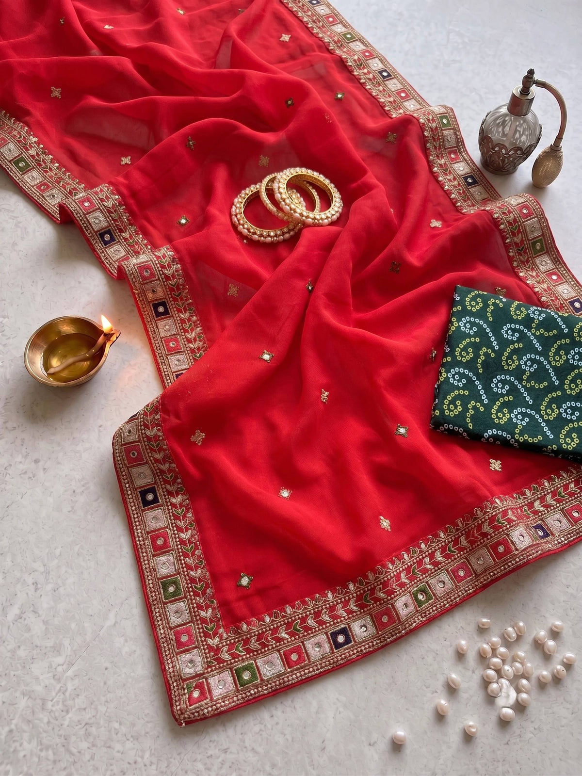Fox Goegetts Embroidery Thread with mirror work saree