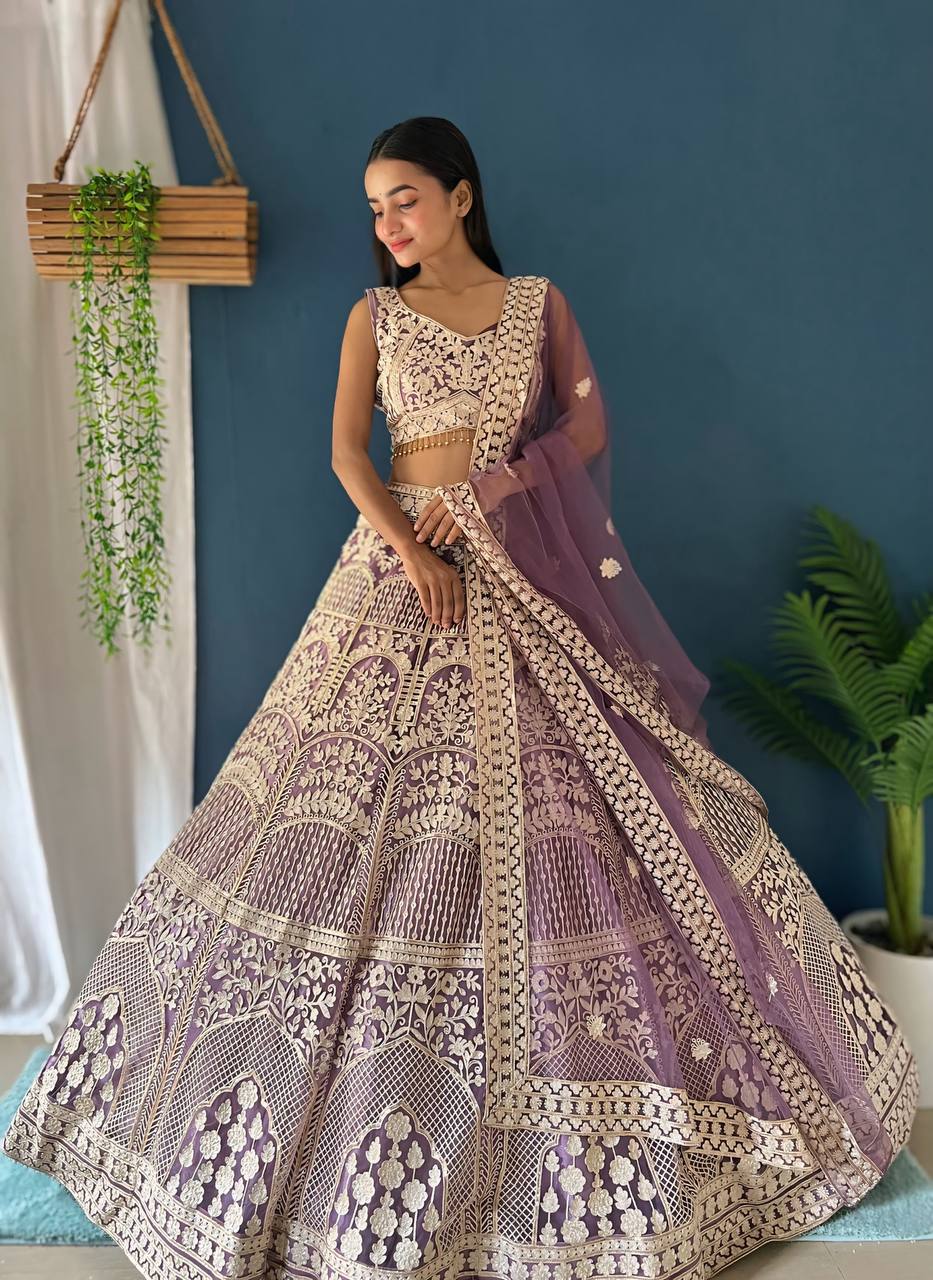 Butterfly Net Sequins and Zaroi Embroidery Work Lehenga