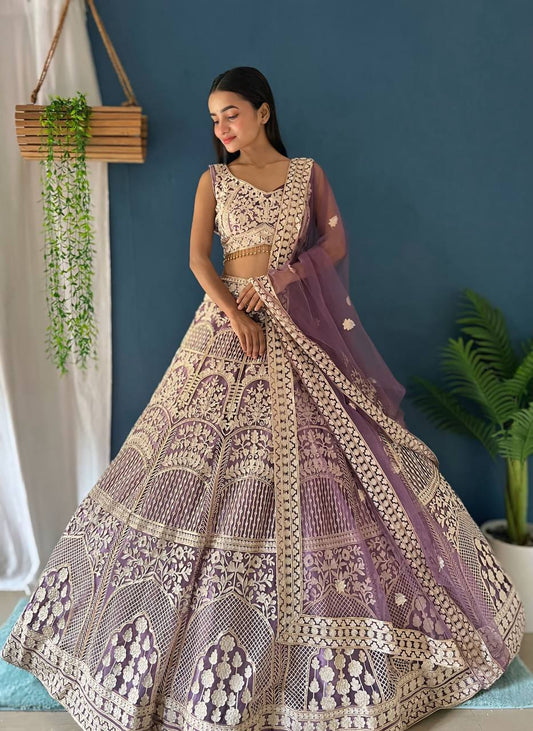 Butterfly Net Sequins and Zaroi Embroidery Work Lehenga