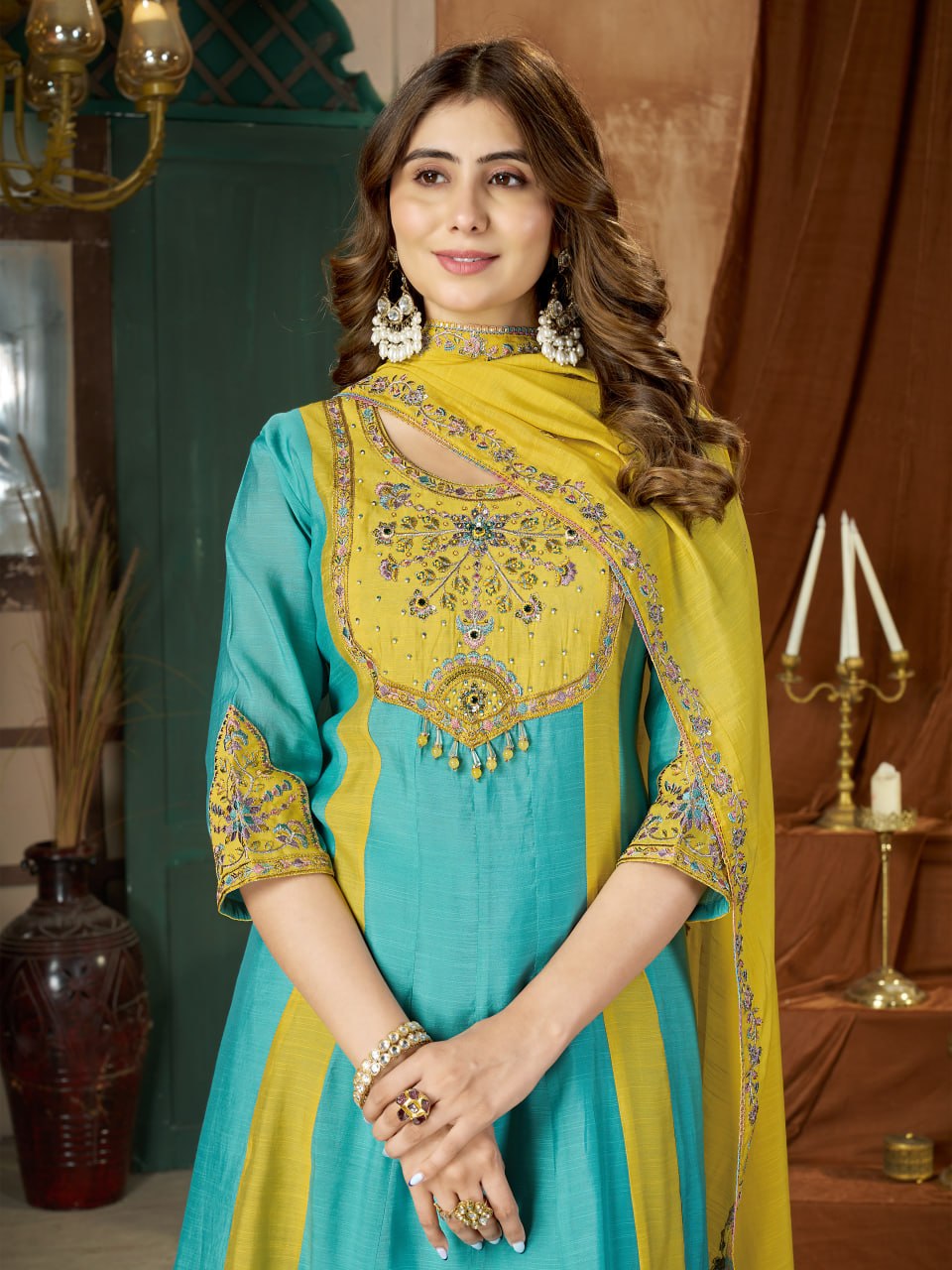 Mal Chanderi Multi Embroidery Thread With Real Hand Work Anarkali Kurti
