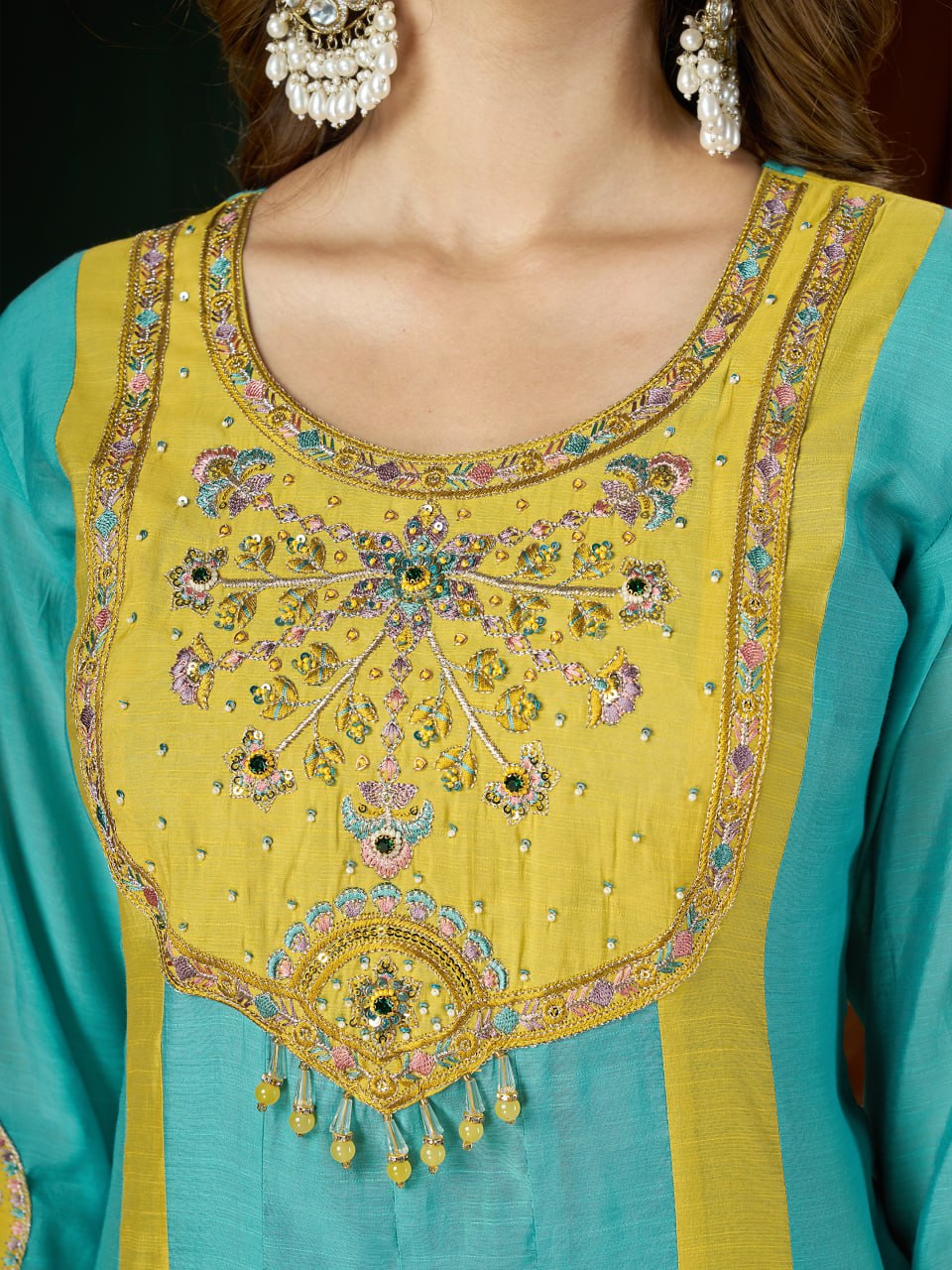 Mal Chanderi Multi Embroidery Thread With Real Hand Work Anarkali Kurti