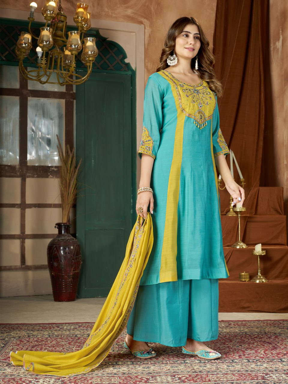 Mal Chanderi Multi Embroidery Thread With Real Hand Work Anarkali Kurti