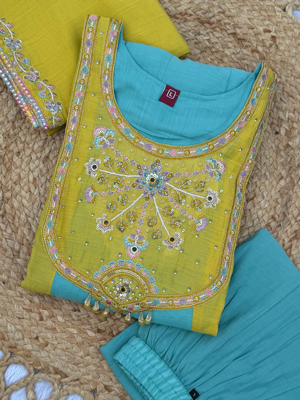 Mal Chanderi Multi Embroidery Thread With Real Hand Work Anarkali Kurti