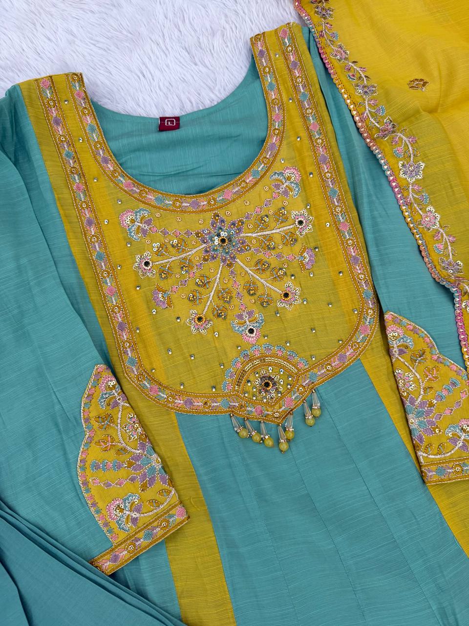 Mal Chanderi Multi Embroidery Thread With Real Hand Work Anarkali Kurti