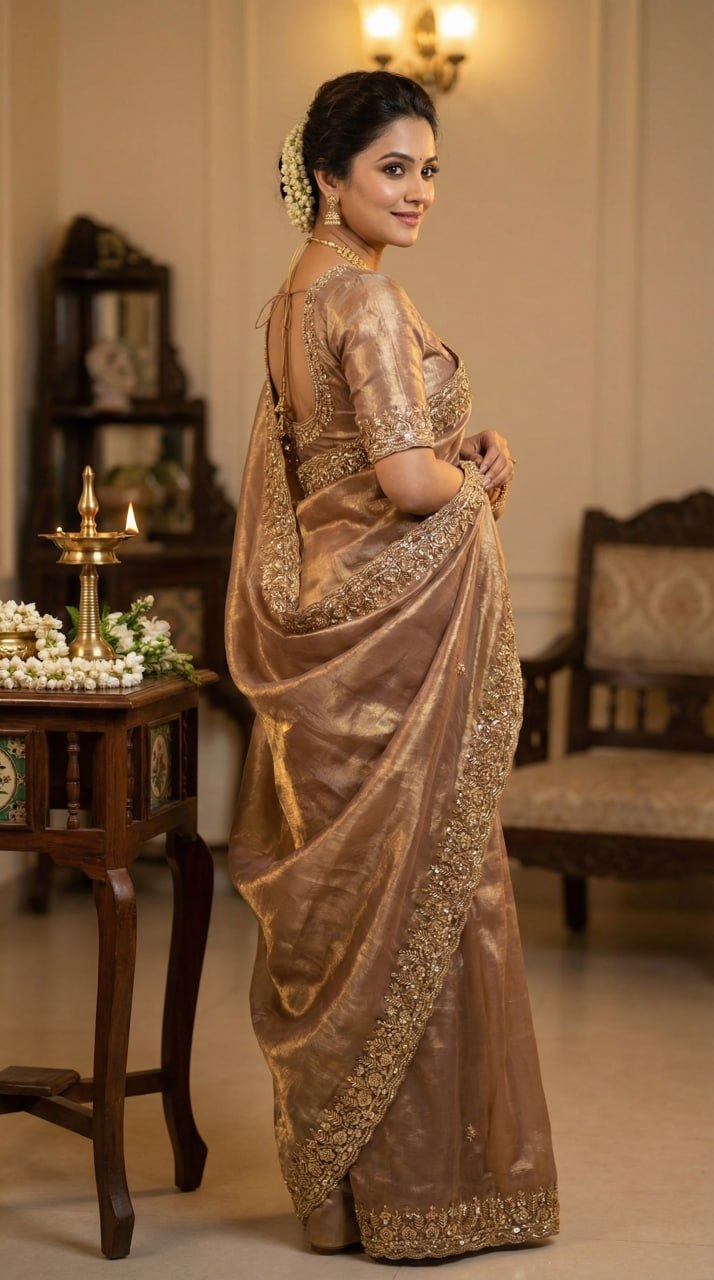 Pure  Space Silk With Beautiful Original Gold Beeds Work Saree