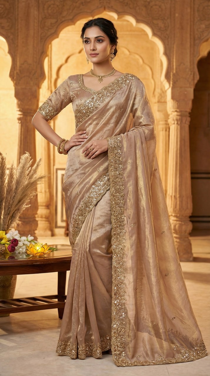 Pure  Space Silk With Beautiful Original Gold Beeds Work Saree