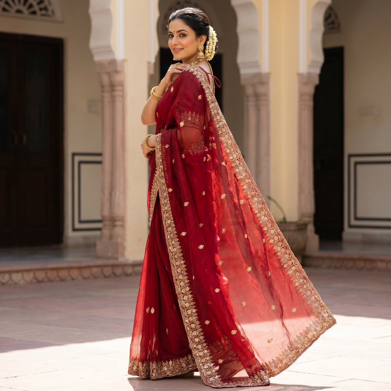 Pure  Space Silk With Beautiful Original Gold Beeds Work Saree