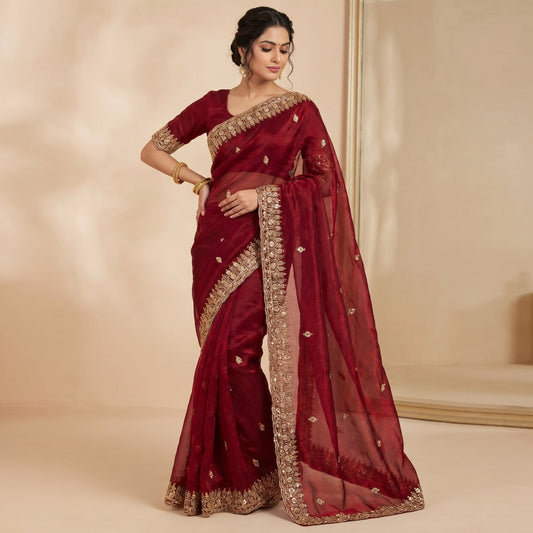 Pure  Space Silk With Beautiful Original Gold Beeds Work Saree
