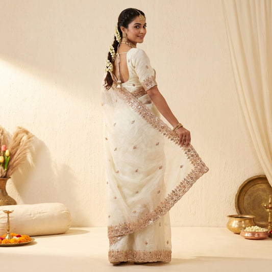 Pure  Space Silk With Beautiful Original Gold Beeds Work Saree
