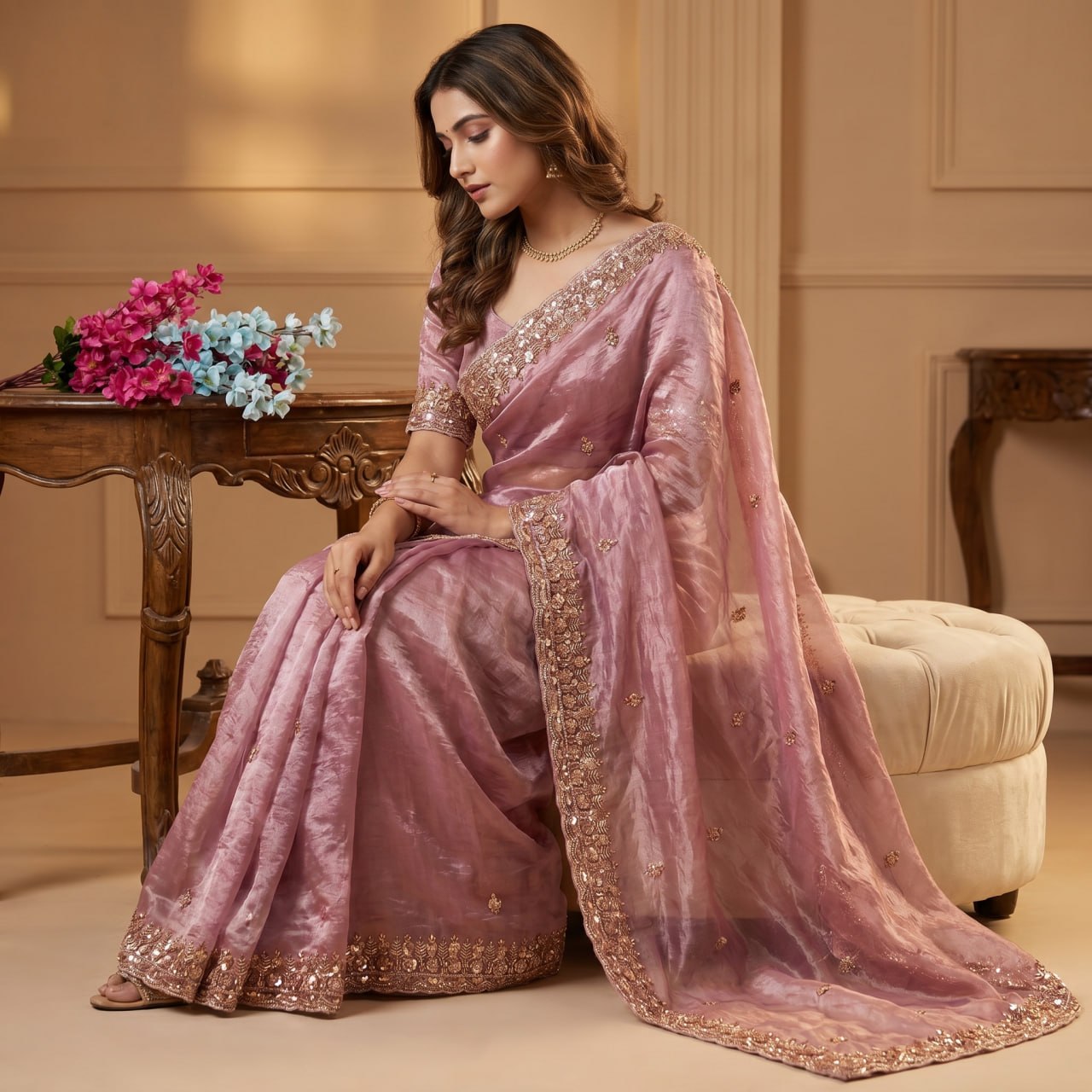 Pure  Space Silk With Beautiful Original Gold Beeds Work Saree