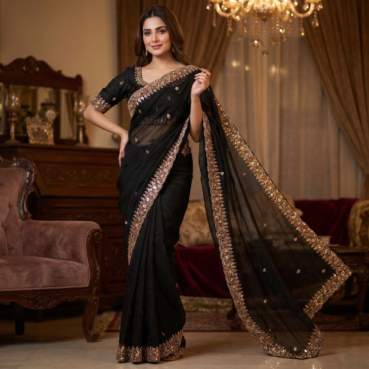 Pure  Space Silk With Beautiful Original Gold Beeds Work Saree