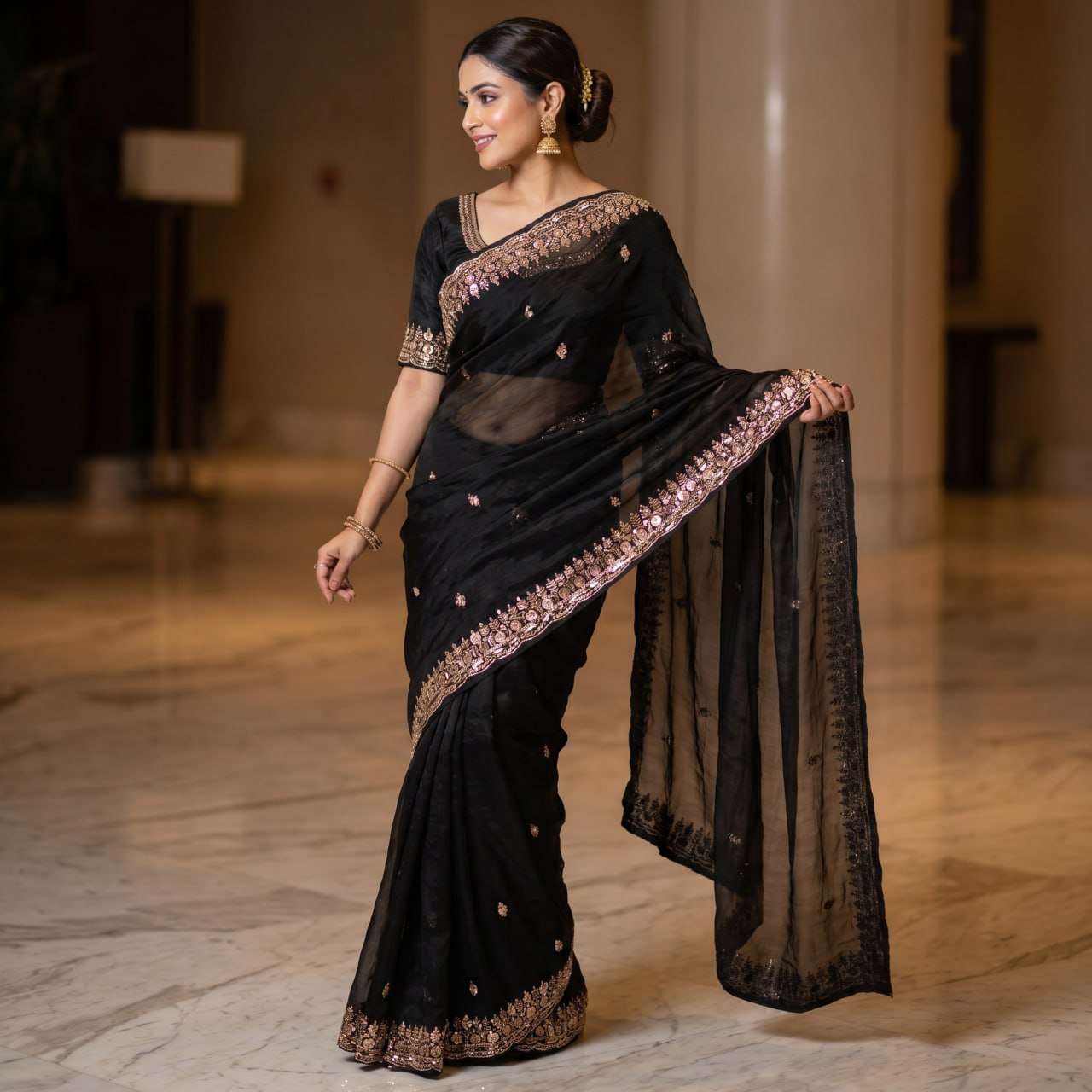 Pure  Space Silk With Beautiful Original Gold Beeds Work Saree