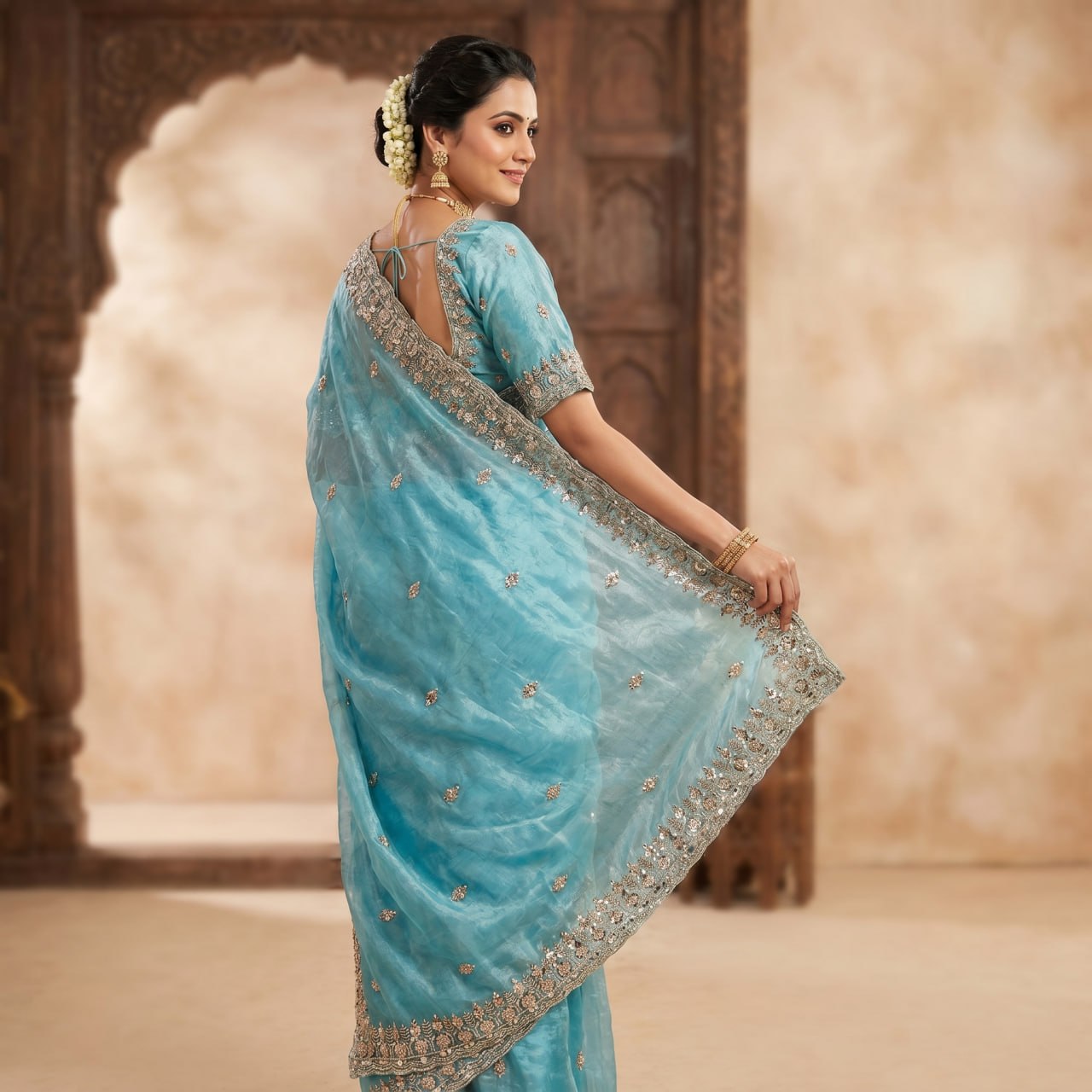 Pure  Space Silk With Beautiful Original Gold Beeds Work Saree