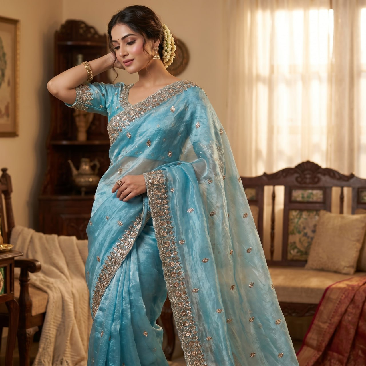 Pure  Space Silk With Beautiful Original Gold Beeds Work Saree