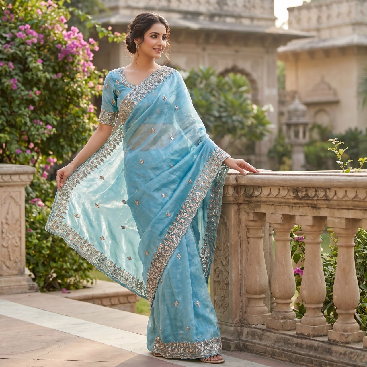 Pure  Space Silk With Beautiful Original Gold Beeds Work Saree