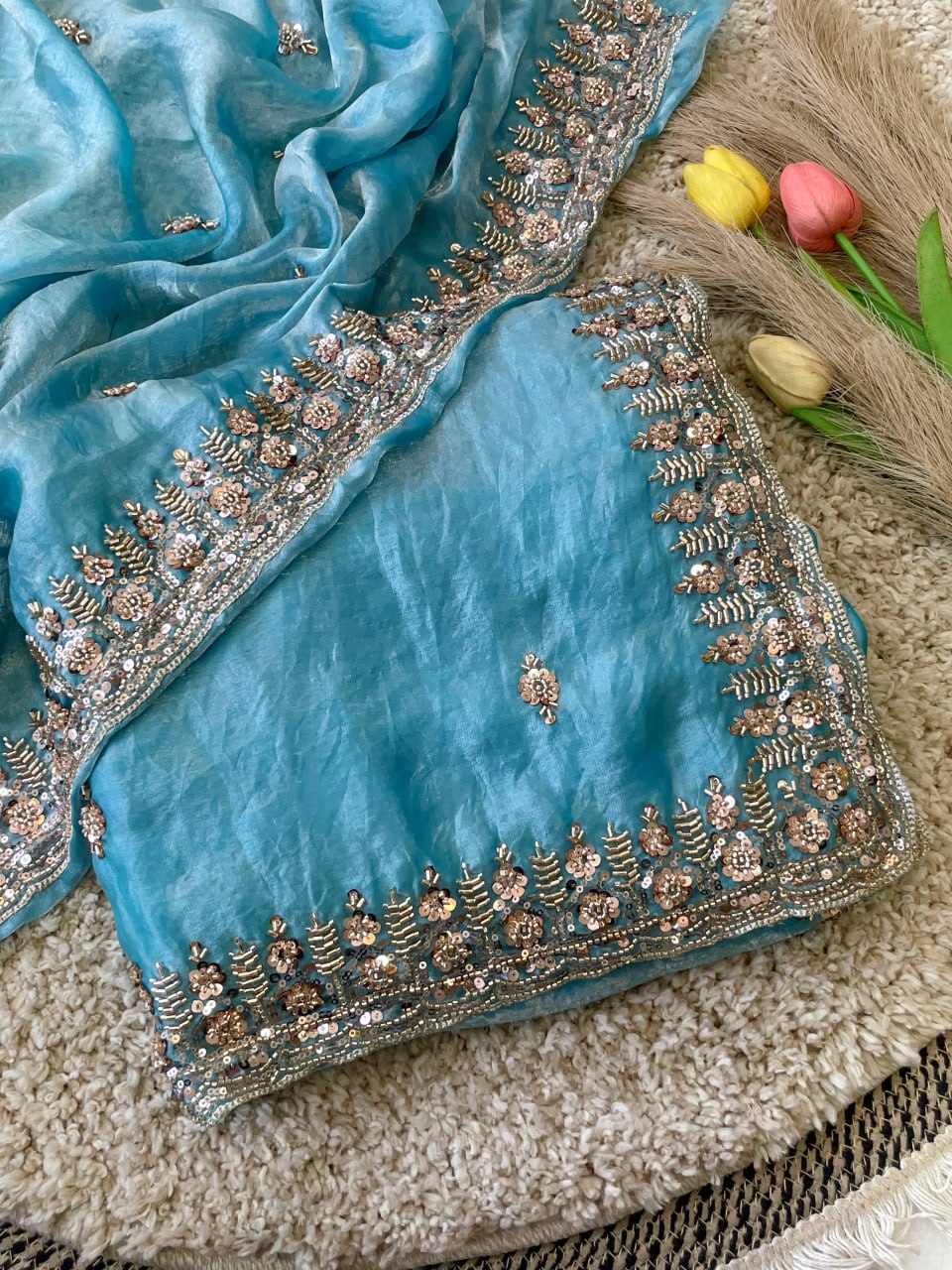 Pure  Space Silk With Beautiful Original Gold Beeds Work Saree