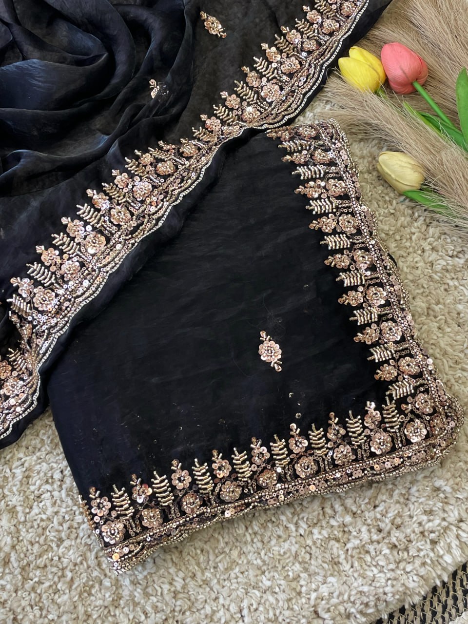 Pure  Space Silk With Beautiful Original Gold Beeds Work Saree