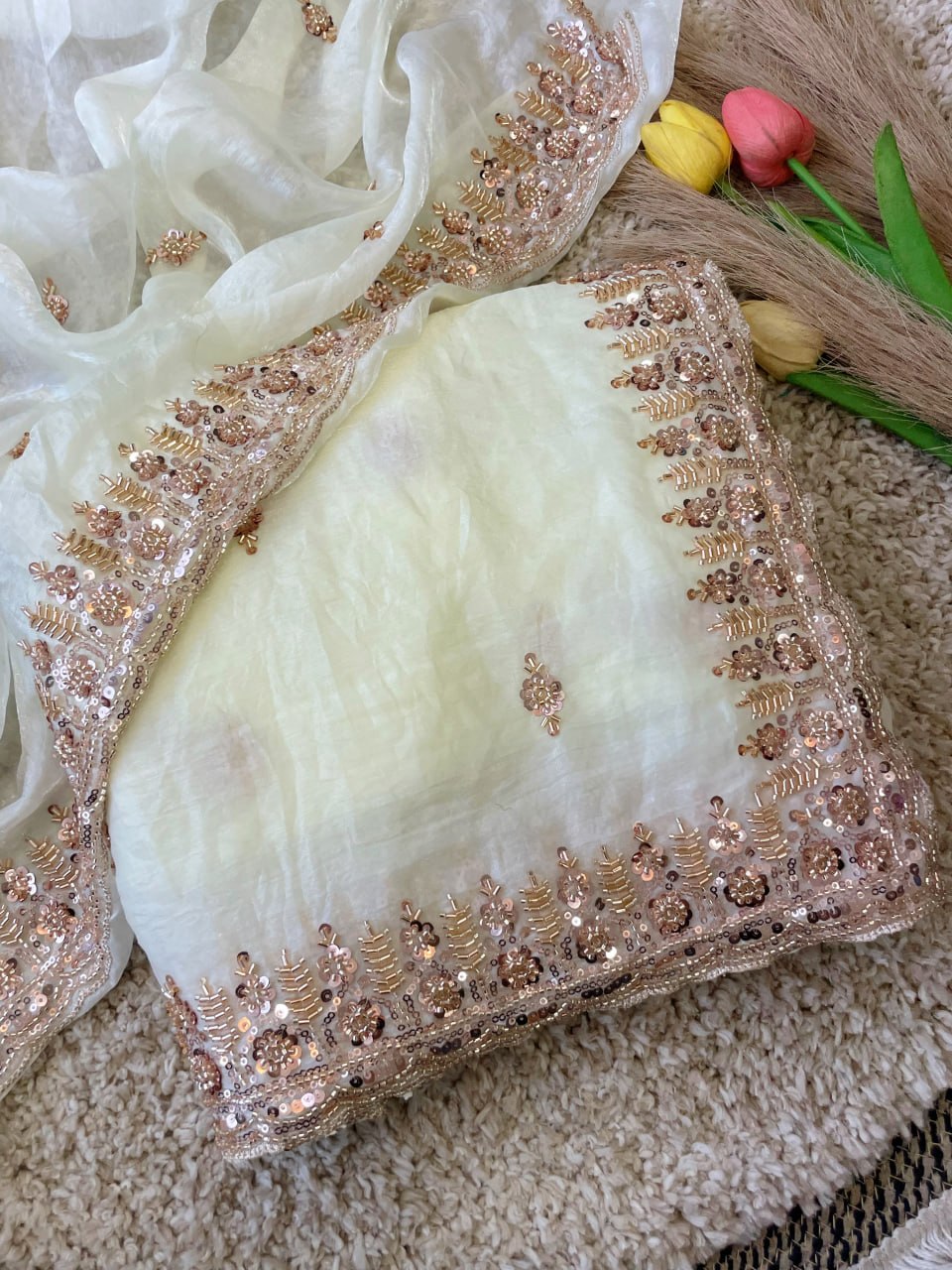 Pure  Space Silk With Beautiful Original Gold Beeds Work Saree