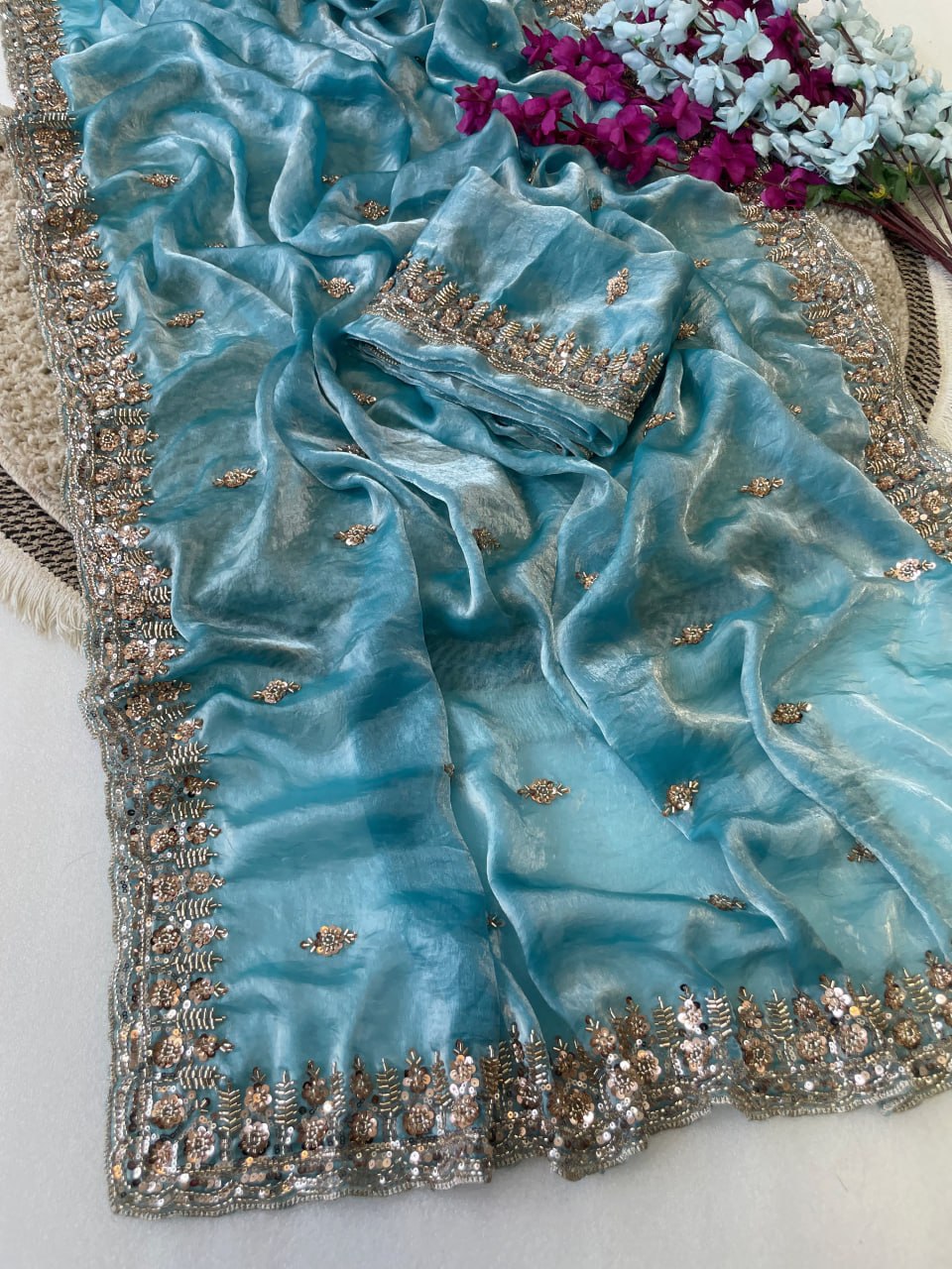 Pure  Space Silk With Beautiful Original Gold Beeds Work Saree