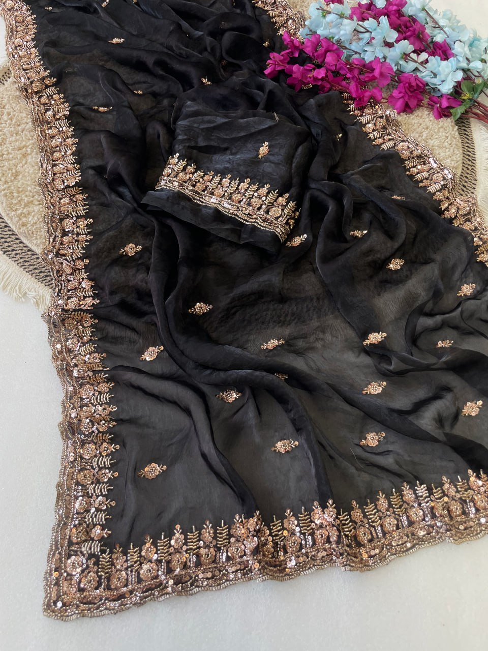 Pure  Space Silk With Beautiful Original Gold Beeds Work Saree