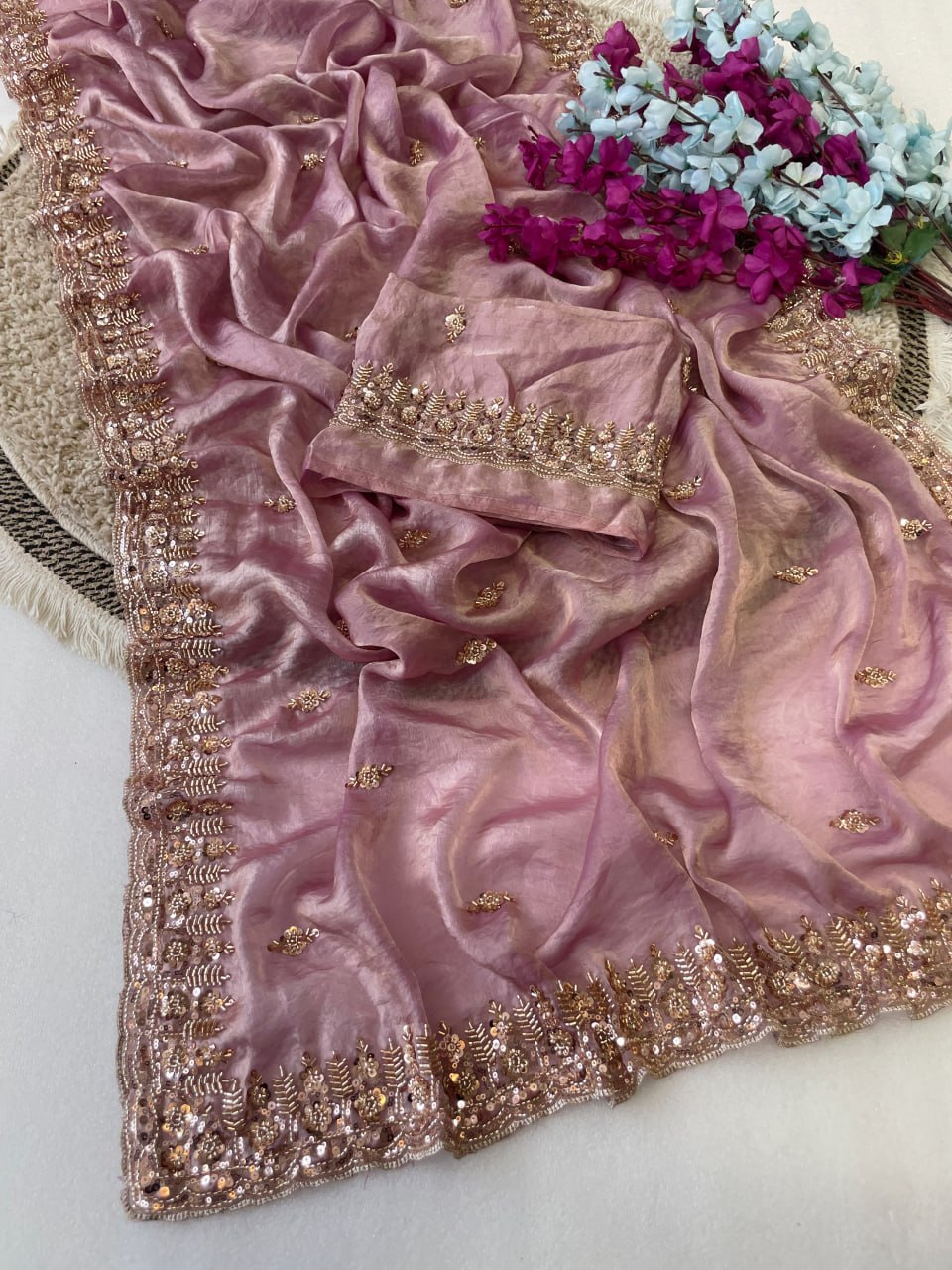 Pure  Space Silk With Beautiful Original Gold Beeds Work Saree