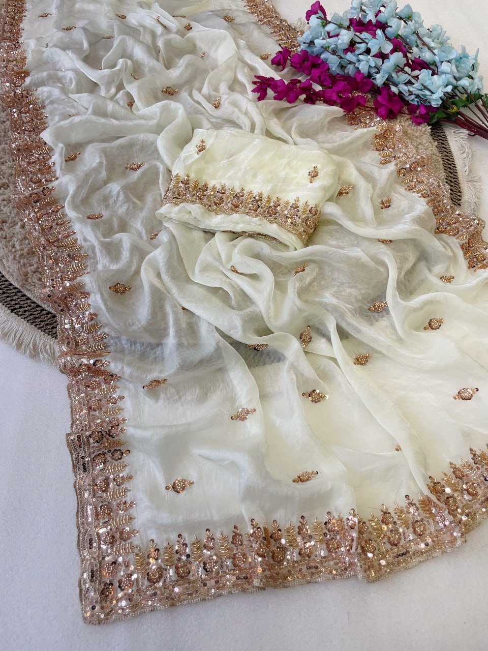 Pure  Space Silk With Beautiful Original Gold Beeds Work Saree