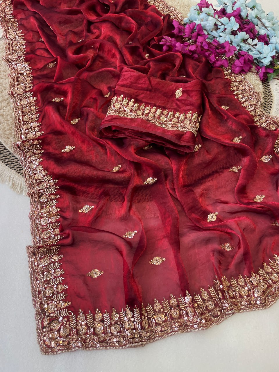 Pure  Space Silk With Beautiful Original Gold Beeds Work Saree