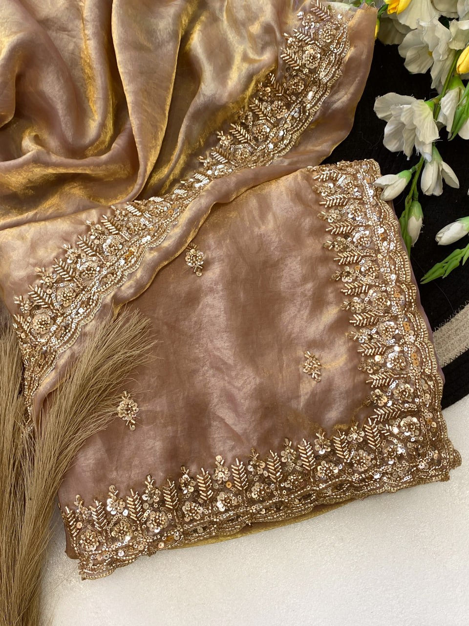 Pure  Space Silk With Beautiful Original Gold Beeds Work Saree