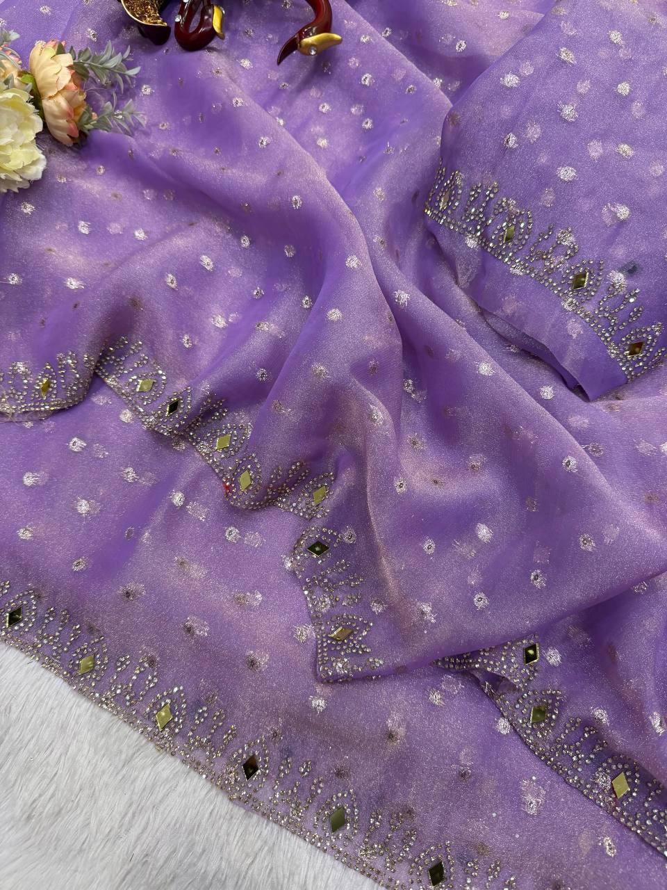 NC Moss Butti Original Shadow Jarkhan diamond work with real mirror saree