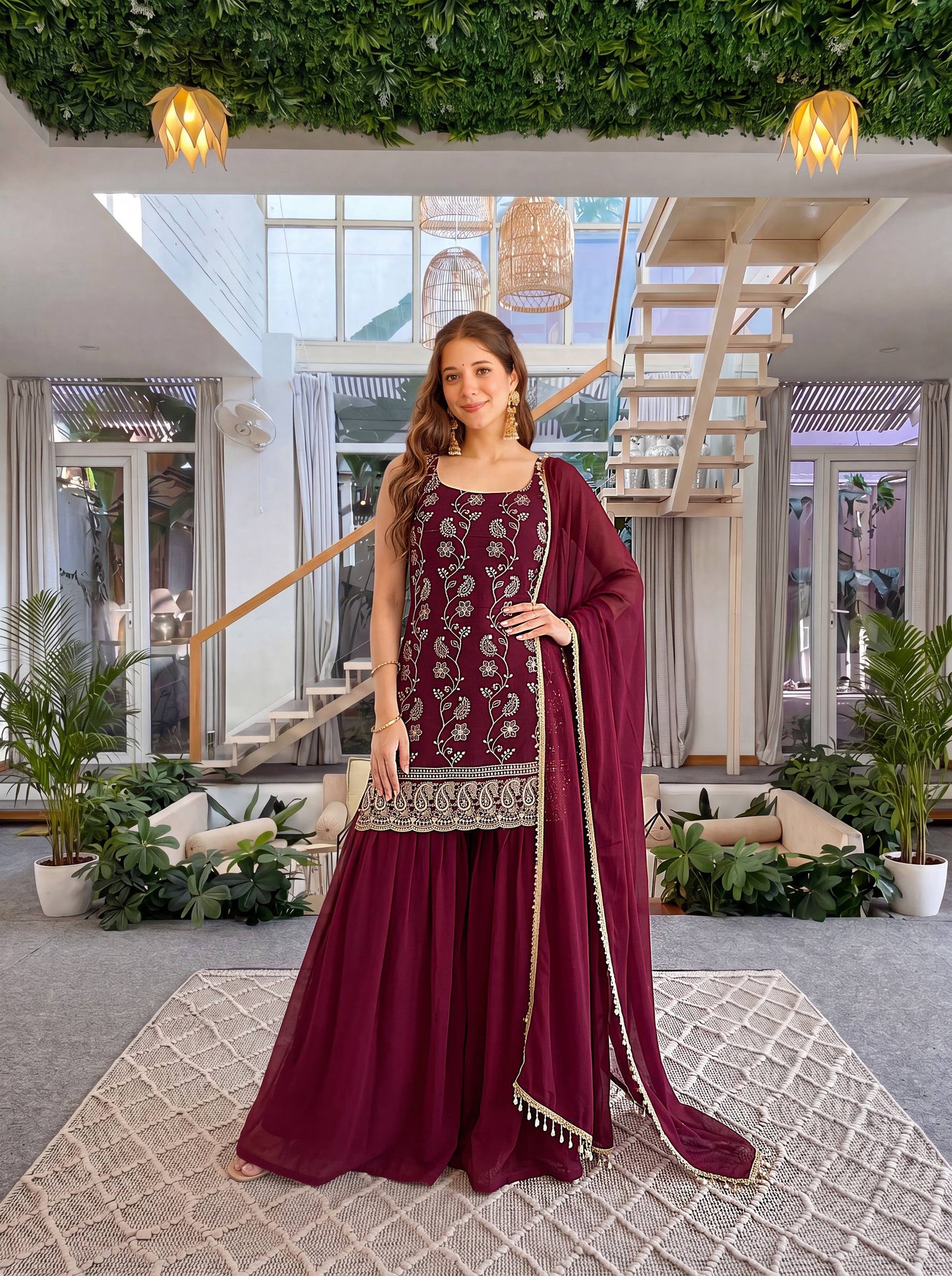 Faux Georgeet Embroidery Sequence Zari Suit