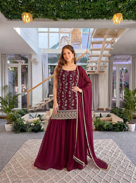 Faux Georgeet Embroidery Sequence Zari Suit