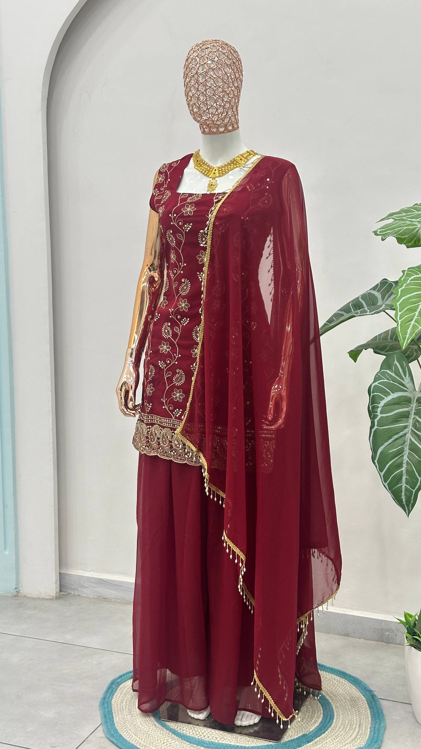 Faux Georgeet Embroidery Sequence Zari Suit
