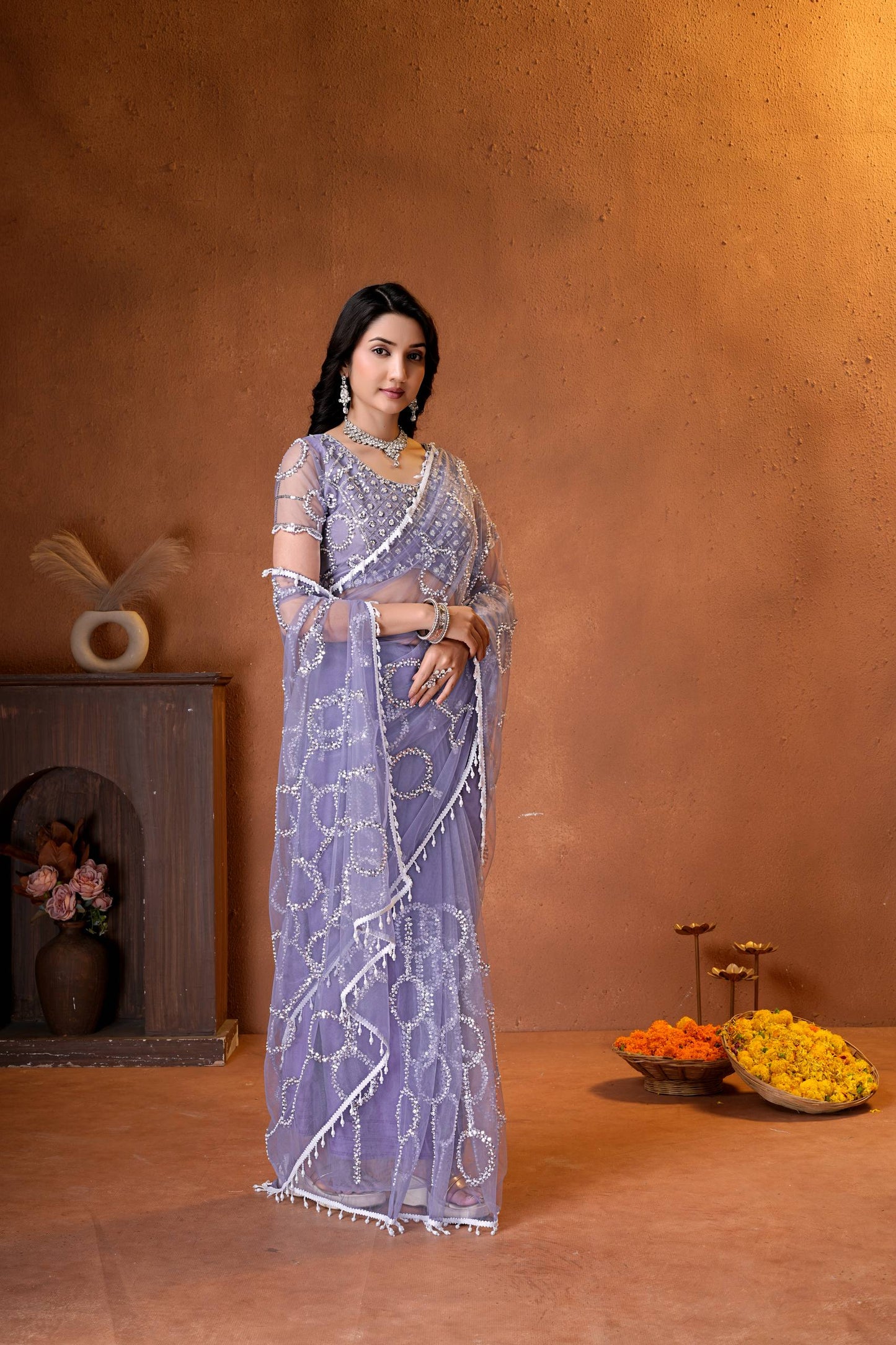 Net Bidds sequence pearls Embroidery Work Saree