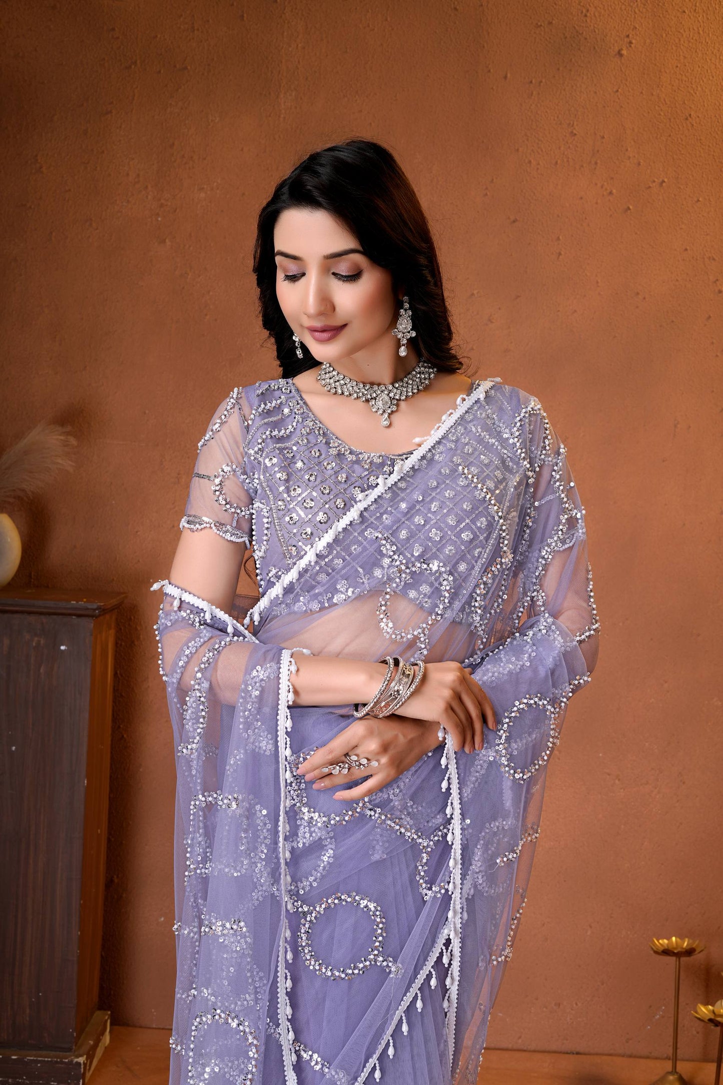 Net Bidds sequence pearls Embroidery Work Saree