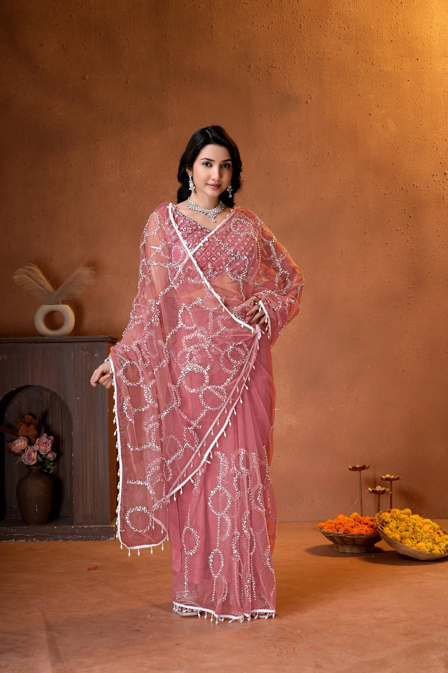 Net Bidds sequence pearls Embroidery Work Saree