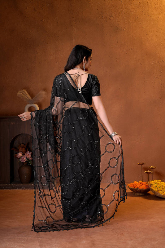 Net Bidds sequence pearls Embroidery Work Saree