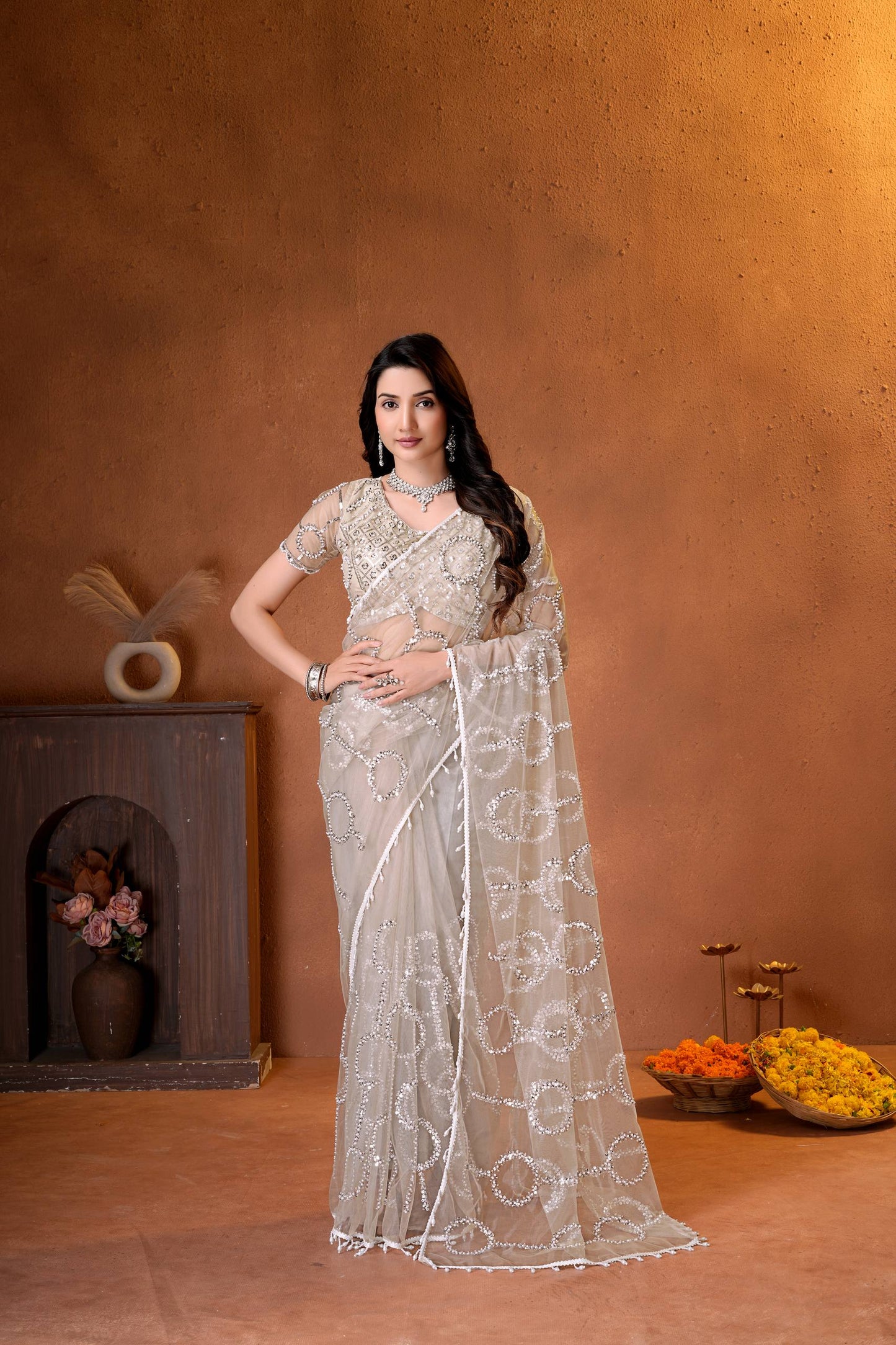 Net Bidds sequence pearls Embroidery Work Saree