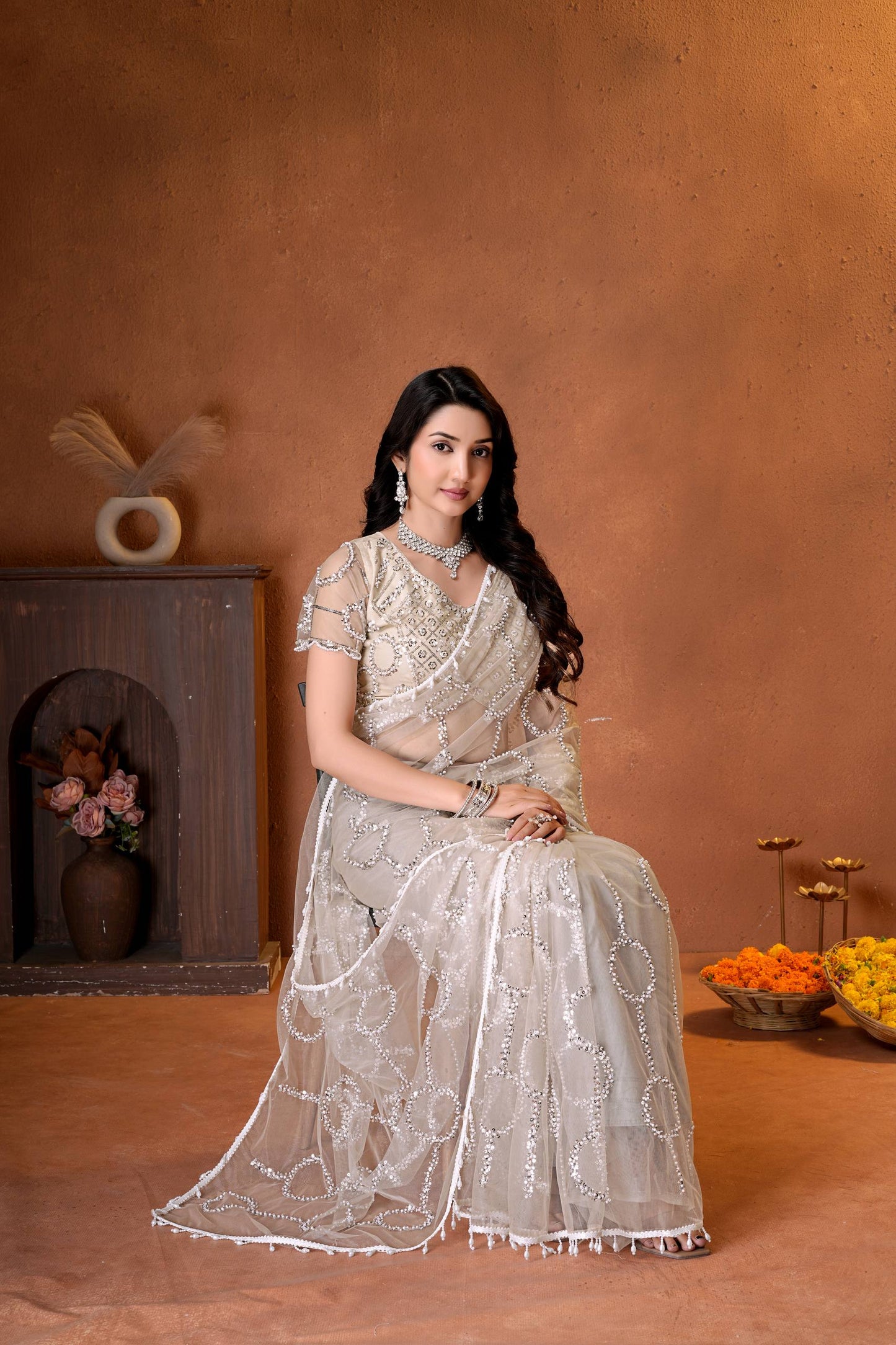 Net Bidds sequence pearls Embroidery Work Saree