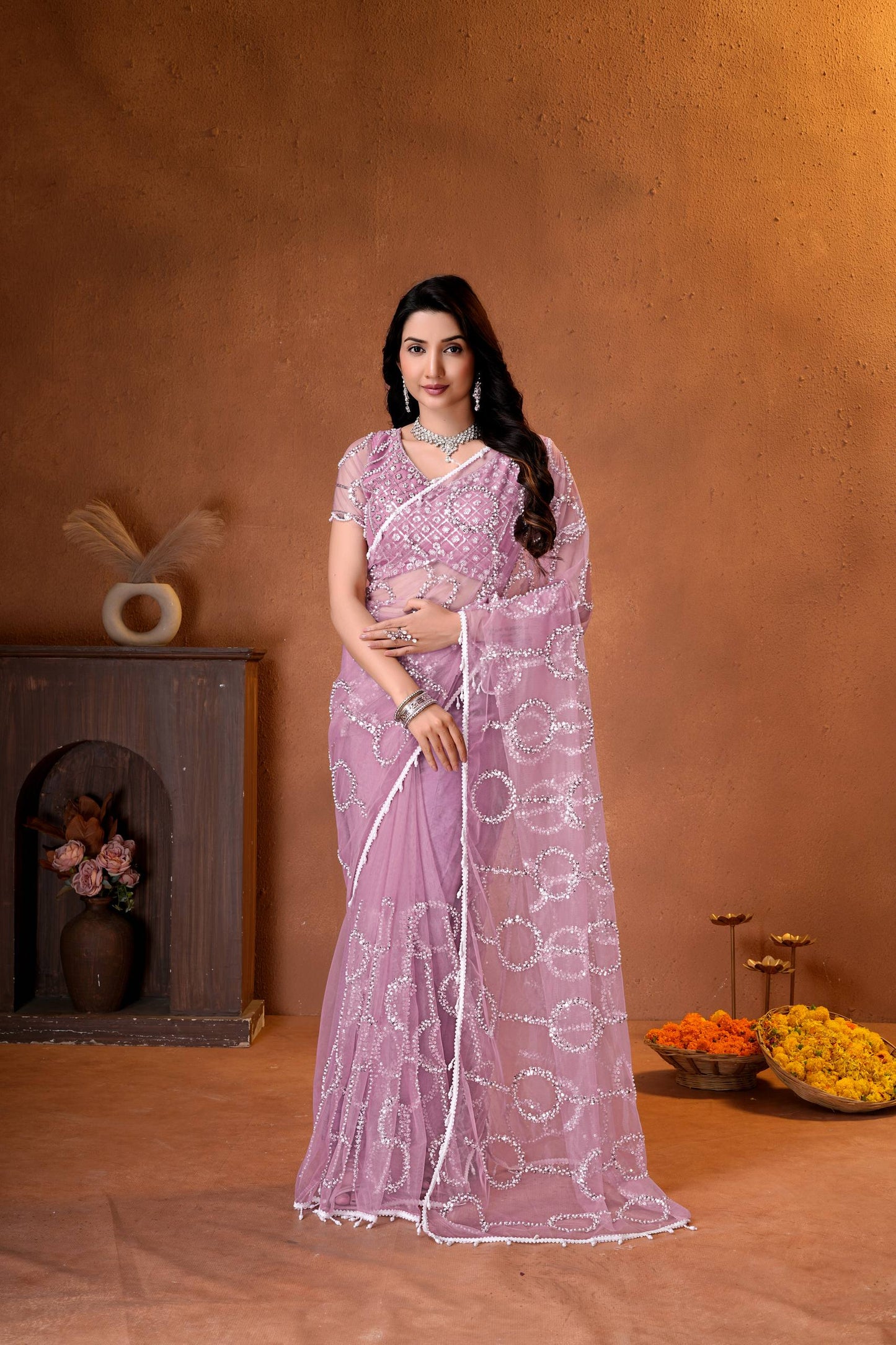 Net Bidds sequence pearls Embroidery Work Saree
